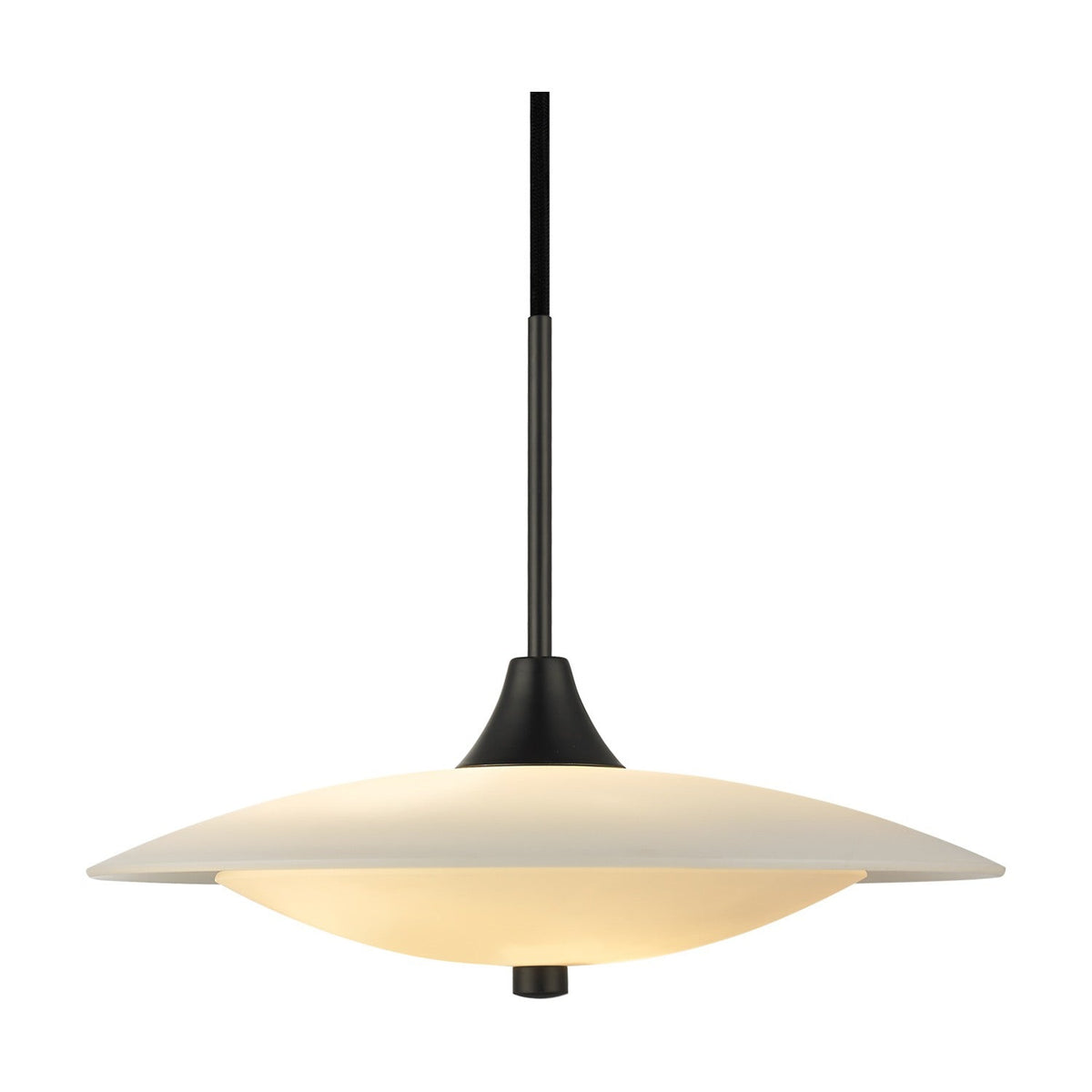 Baroni Glass Pendant Light 40cm in opal and black, featuring a shallow flared dish over a glowing opal glass bowl with black finial, hung from a black rod on a plain white background.