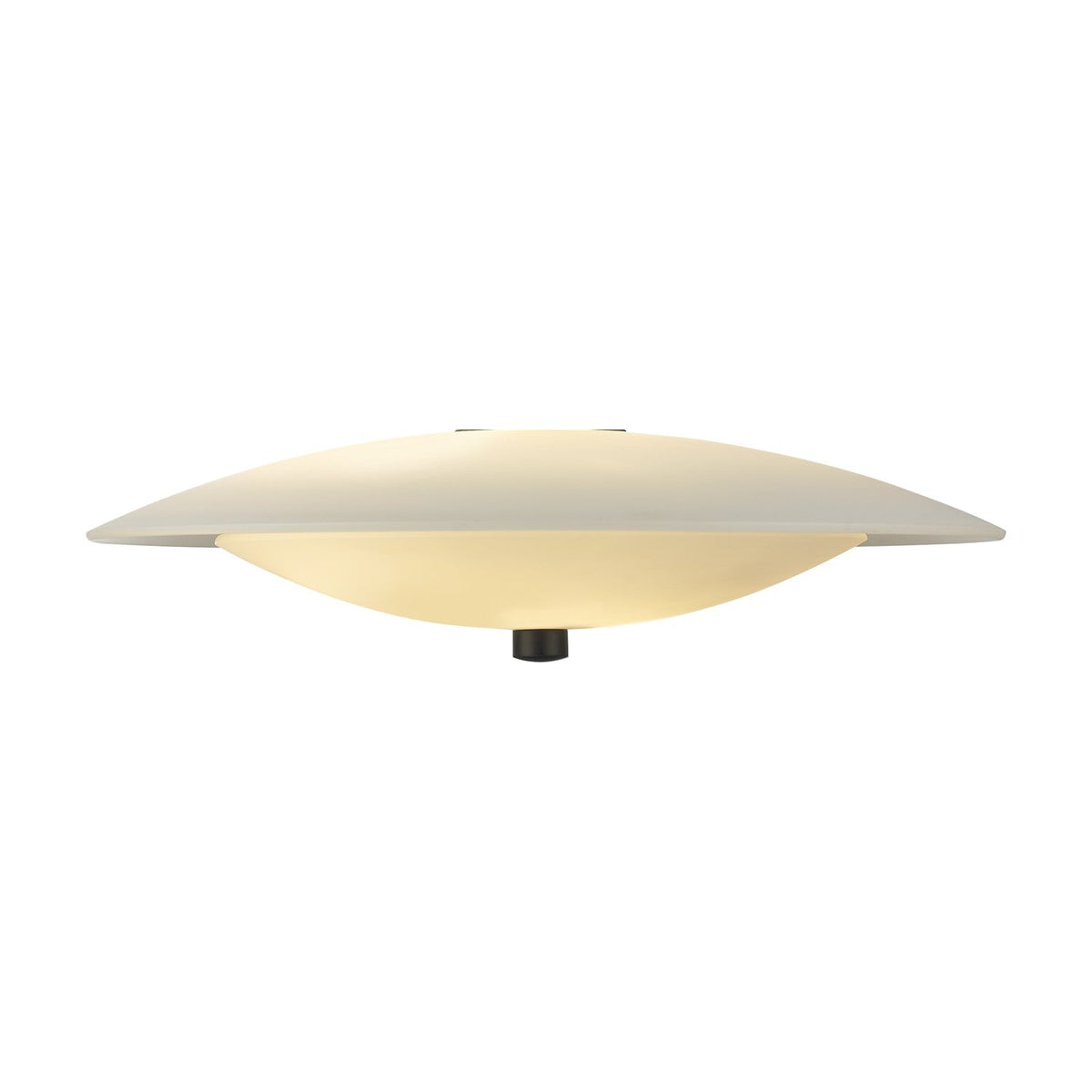 Baroni Glass Pendant Light 40cm in opal and black, a wide flat disc shade with a glowing opal glass bowl beneath and black finial, shown lit against a plain white background.