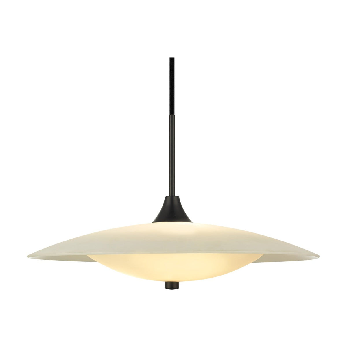 Baroni Glass Pendant Light 46cm in opal and black, a shallow saucer-shaped shade with glowing opal glass bowl beneath and black finial, on a slim black rod against a plain white background.