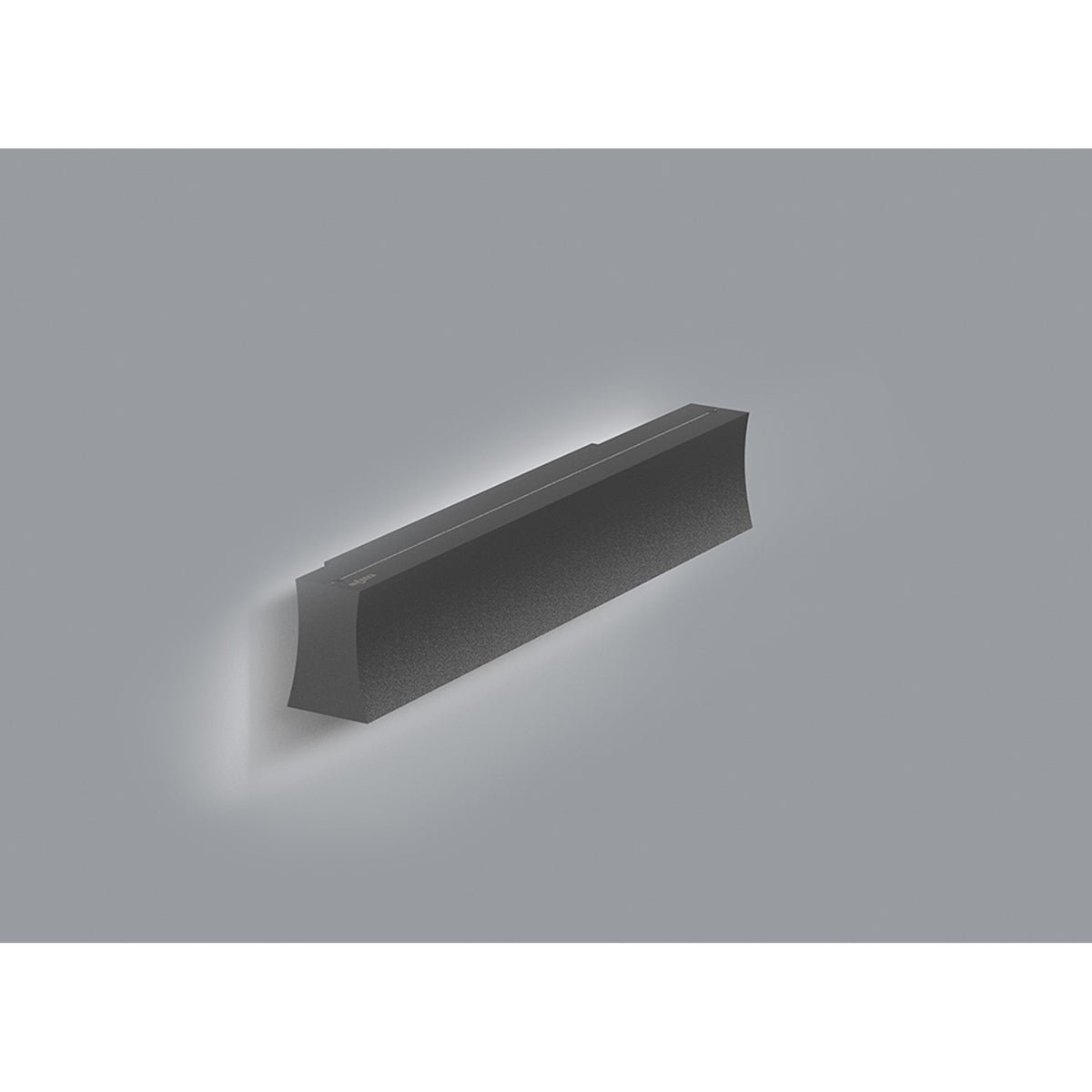 Hanok 41cm linear LED wall light in matt black with slim tapered aluminium housing, mounted horizontally on a grey wall casting an ambient glow.