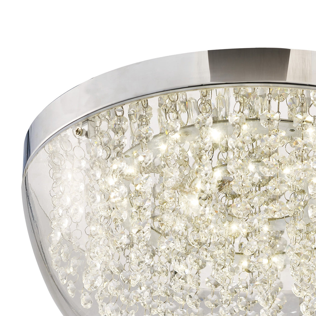 Close-up of Diyas Harper Large LED flush ceiling light with clear glass dome, cascading crystal buttons and polished chrome frame on a white background.