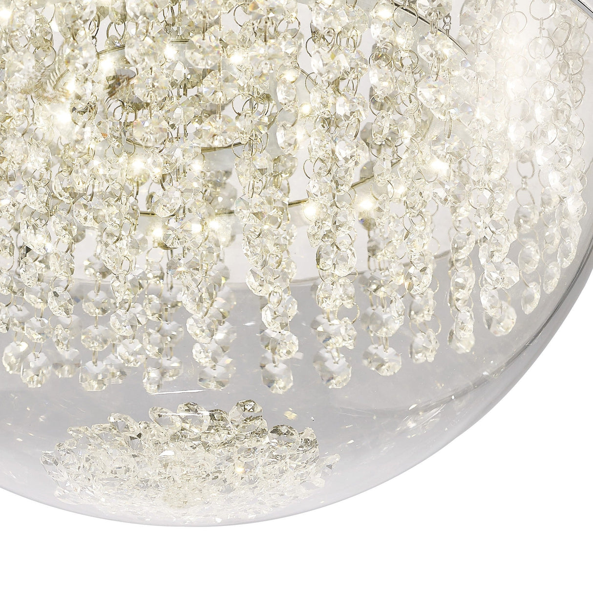 Close-up of Diyas Harper Large LED flush ceiling light showing cascading crystal buttons inside a clear glass dome with polished chrome frame.