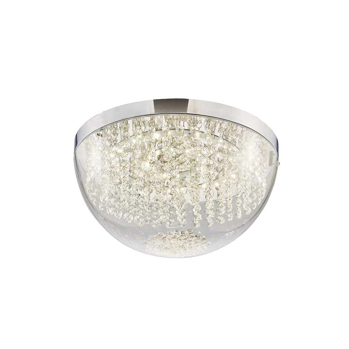 Diyas Harper Large LED flush ceiling light with a clear glass dome, cascading crystal buttons and polished chrome frame, on a white background.