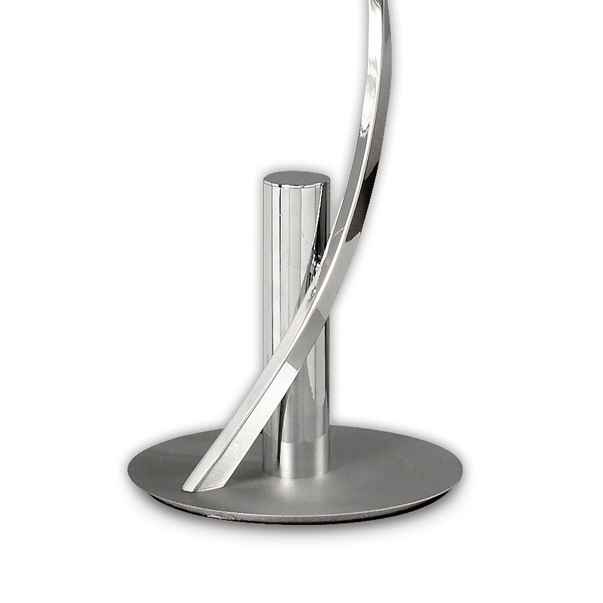 A close-up of the Helix LED Floor Lamp 42W 3000K in Silver & Chrome shows two sleek, curved chrome rods intersecting above a round base, showcasing its modern energy-efficient design against a white background.