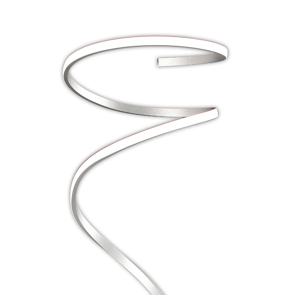 The Helix LED Floor Lamp 42W 3000K in Silver & Chrome features a single, flat metallic ribbon curled in a loose spiral, evoking modern style and energy efficiency against a white background.