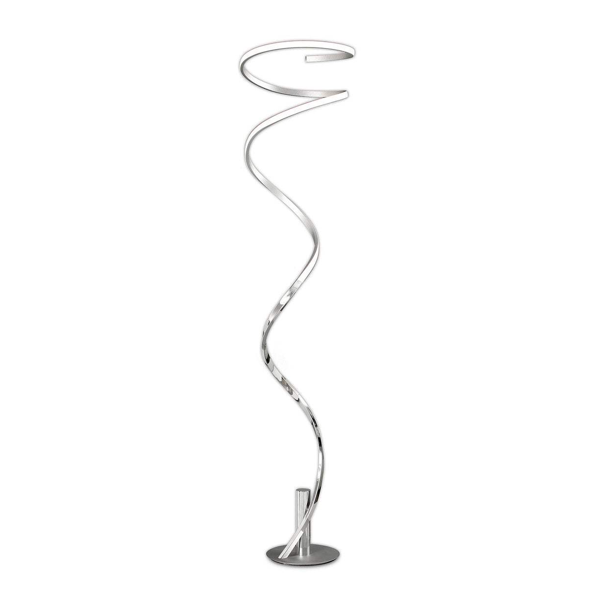 The Helix LED Floor Lamp 42W 3000K in Silver & Chrome features a spiral-shaped light on a round base, offering energy-efficient technology and a sleek, minimalist design.