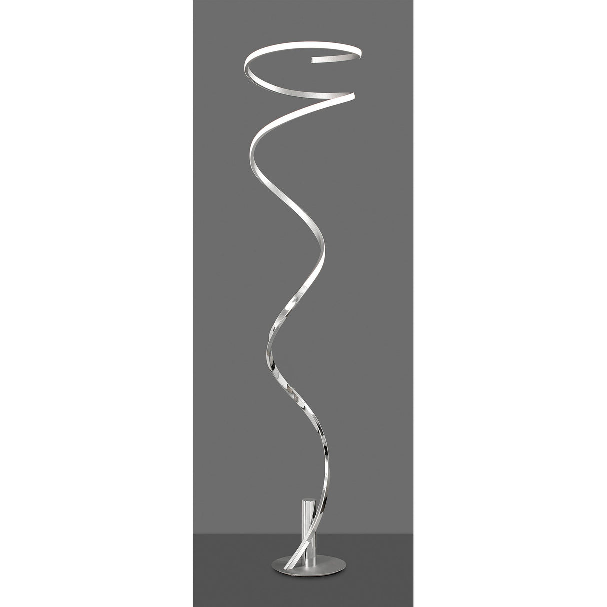 The Helix LED Floor Lamp 42W 3000K in Silver & Chrome features a modern spiral design with a metallic finish and continuous twisting LED strip, standing on a round base against a plain gray background.