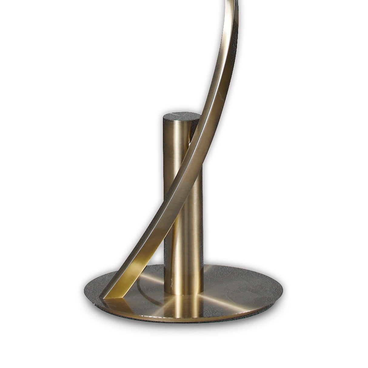 Modern metallic sculpture with two intersecting rods on a round base, echoing the elegance of the Helix LED Floor Lamp 42W 3000K - Antique Brass, perfect for modern interiors against a white background.