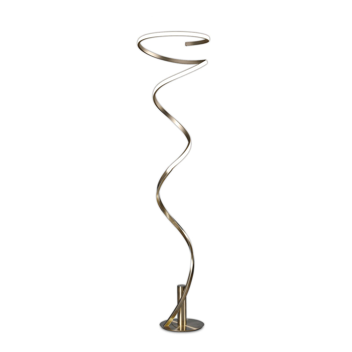 The Helix LED Floor Lamp 42W 3000K in Antique Brass features a spiral, twisting metal design with an abstract sculptural form, making it a contemporary statement piece for modern interiors.