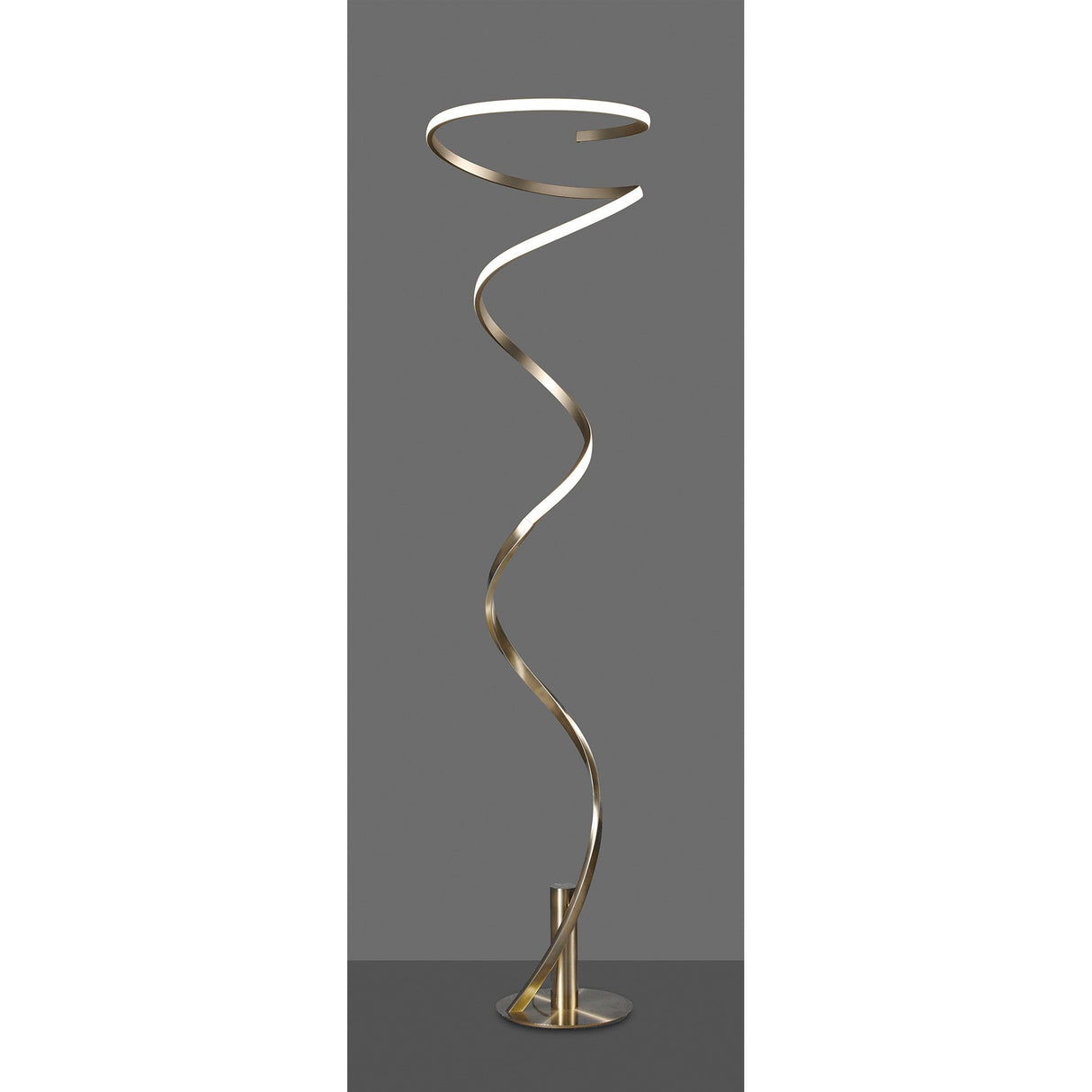The Helix LED Floor Lamp 42W 3000K in Antique Brass features a twisted, spiral-shaped metal frame and integrated light on a round base, combining contemporary style and function against a gray background.
