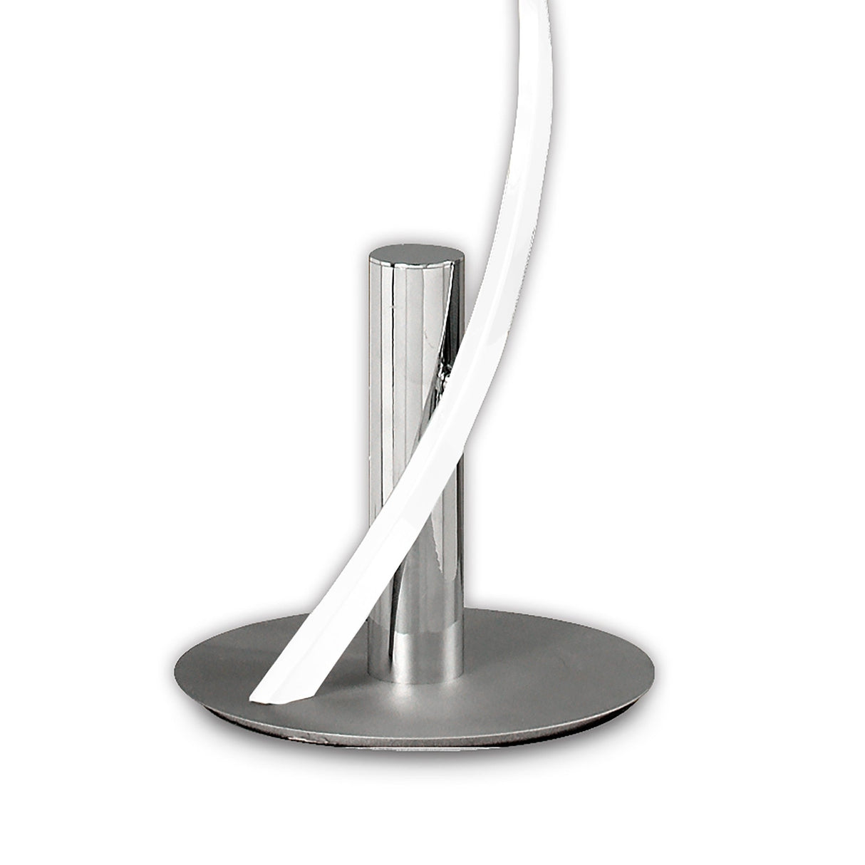 The Helix LED Floor Lamp 42W 4000K in White & Chrome features a sleek cylindrical base and curved LED light strip, making it the perfect modern addition to your contemporary lighting setup.
