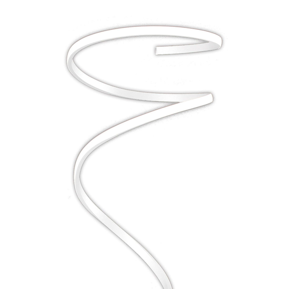 A slender, white ribbon-like form spirals downward, echoing the elegant design of the Helix LED Floor Lamp 42W 4000K - White & Chrome—a striking piece of modern lighting against a plain background.