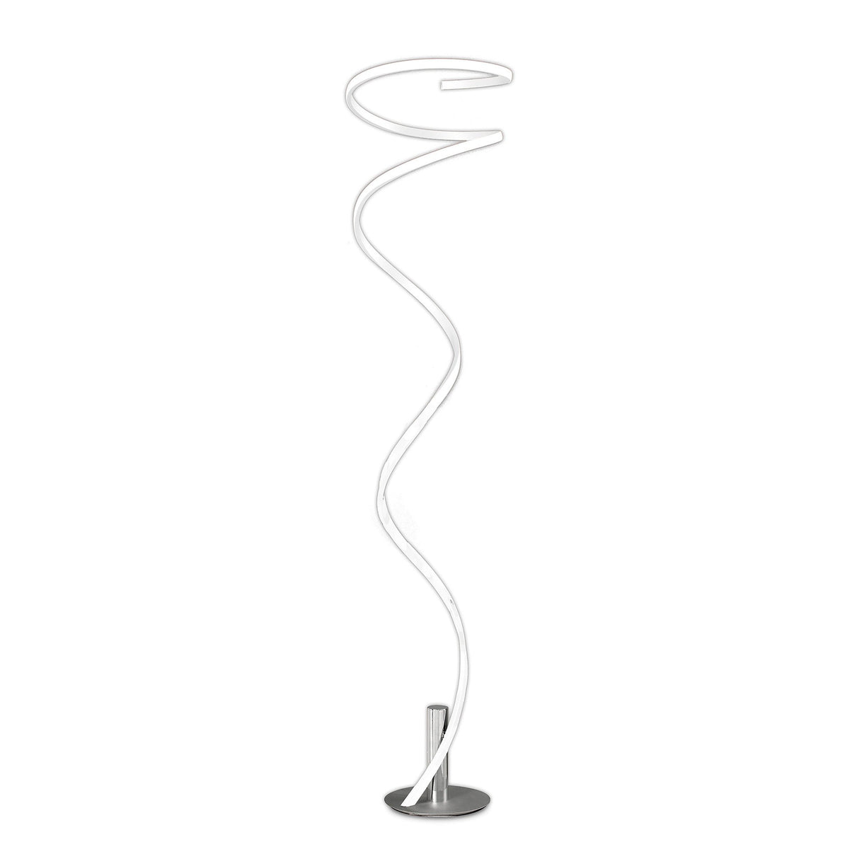 The Helix LED Floor Lamp 42W 4000K - White & Chrome features a spiral white LED design on a round chrome base, adding modern elegance and bright illumination to any space.