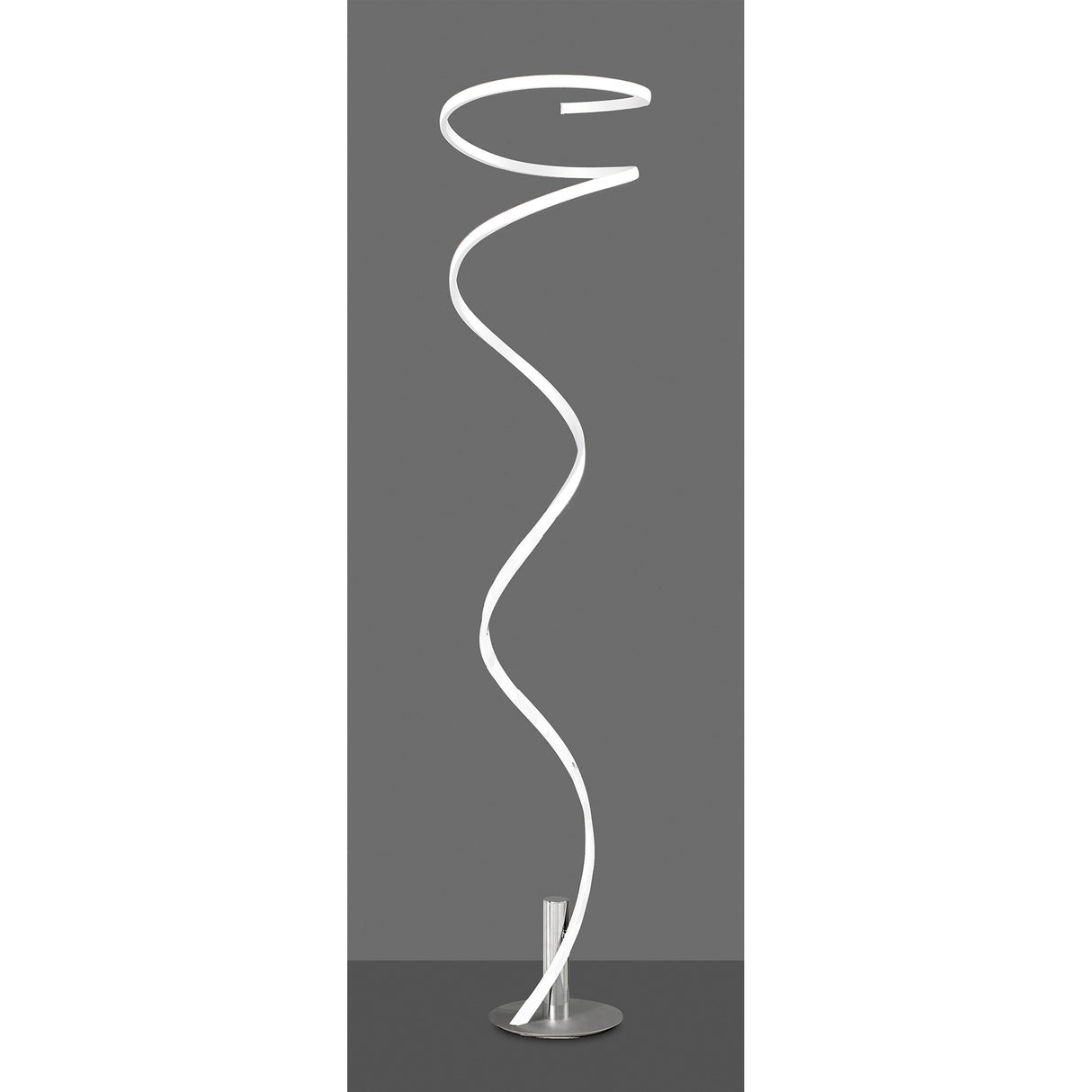 The Helix LED Floor Lamp 42W 4000K - White & Chrome features a modern spiral-shaped white light strip and circular metallic base, adding a sleek touch to any space.