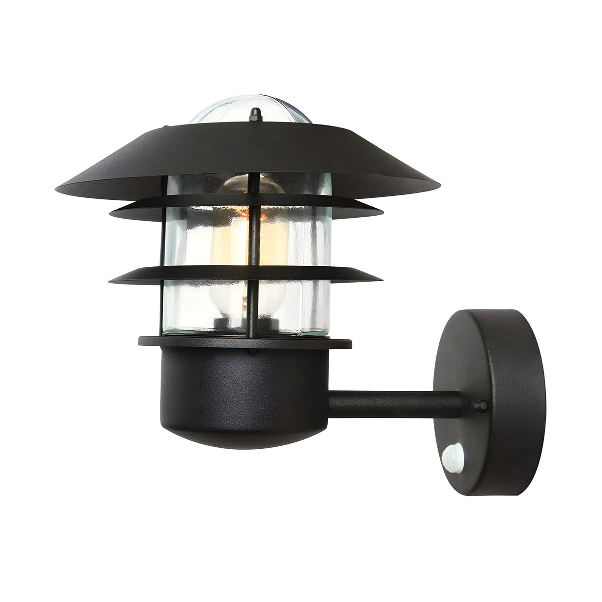 The Helsingor 1 Light Outdoor PIR Wall Light in black features a cylindrical glass enclosure with a visible light bulb inside, enhanced by weather-resistant exterior lighting. Its design includes horizontal slats and a round base for secure attachment, ensuring durability in any climate.
