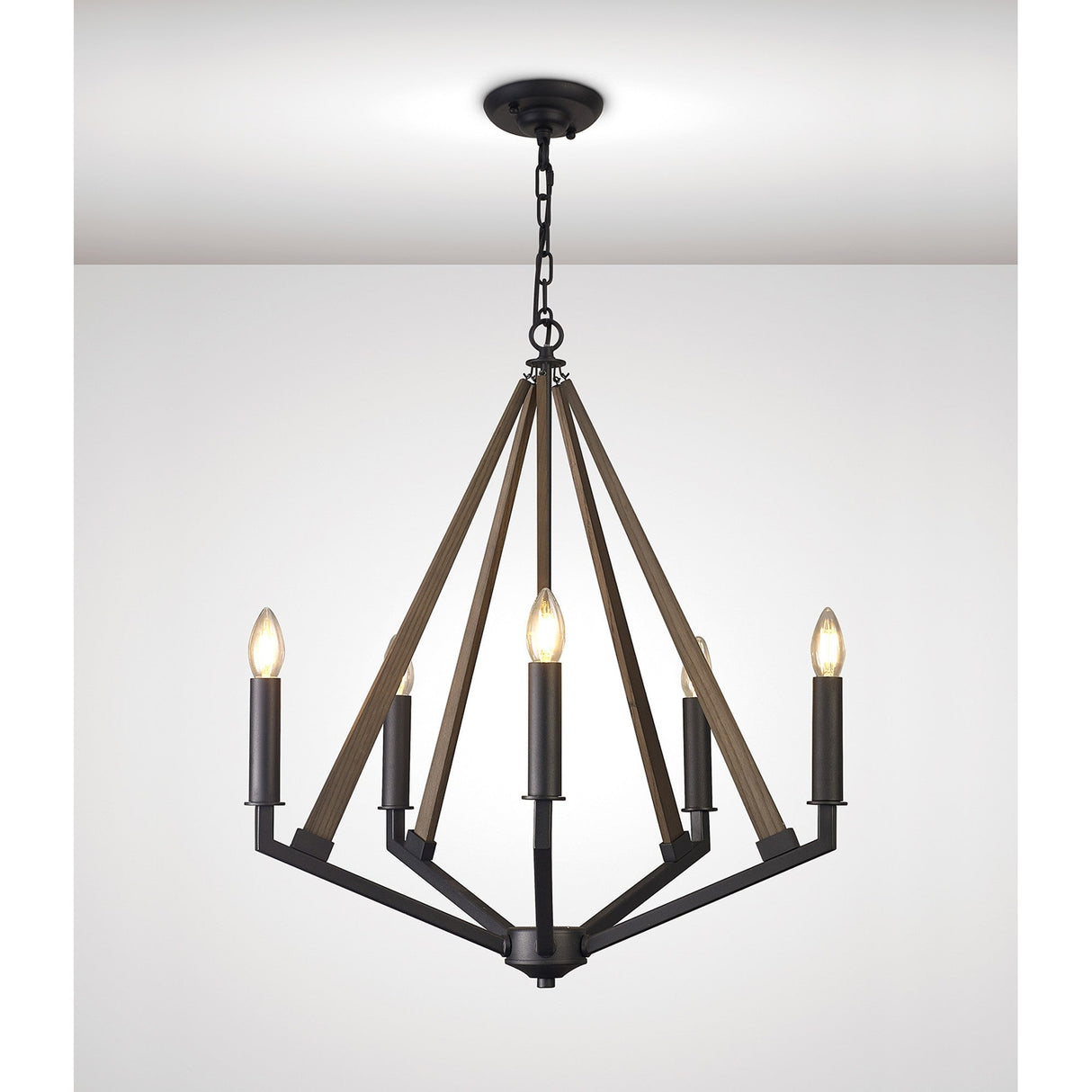 Hilton 60cm Pentagonal 5 Light Wood Chandelier - Black & Dark Grey
