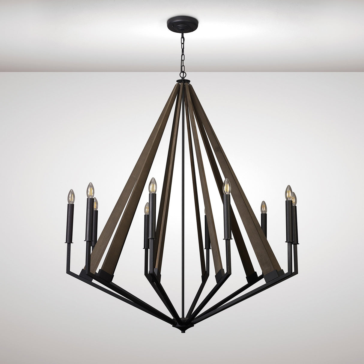 Hilton 112cm Decagonal 10 Light Wood Chandelier - Black & Dark Grey
