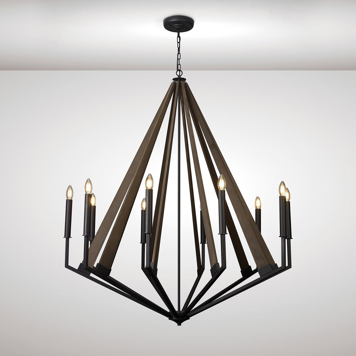 Hilton 112cm Decagonal 10 Light Wood Chandelier - Black & Dark Grey