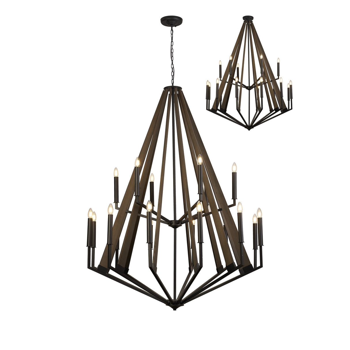 Hilton 121cm 2 Tier 18 Light Wood Chandelier - Black & Dark Grey