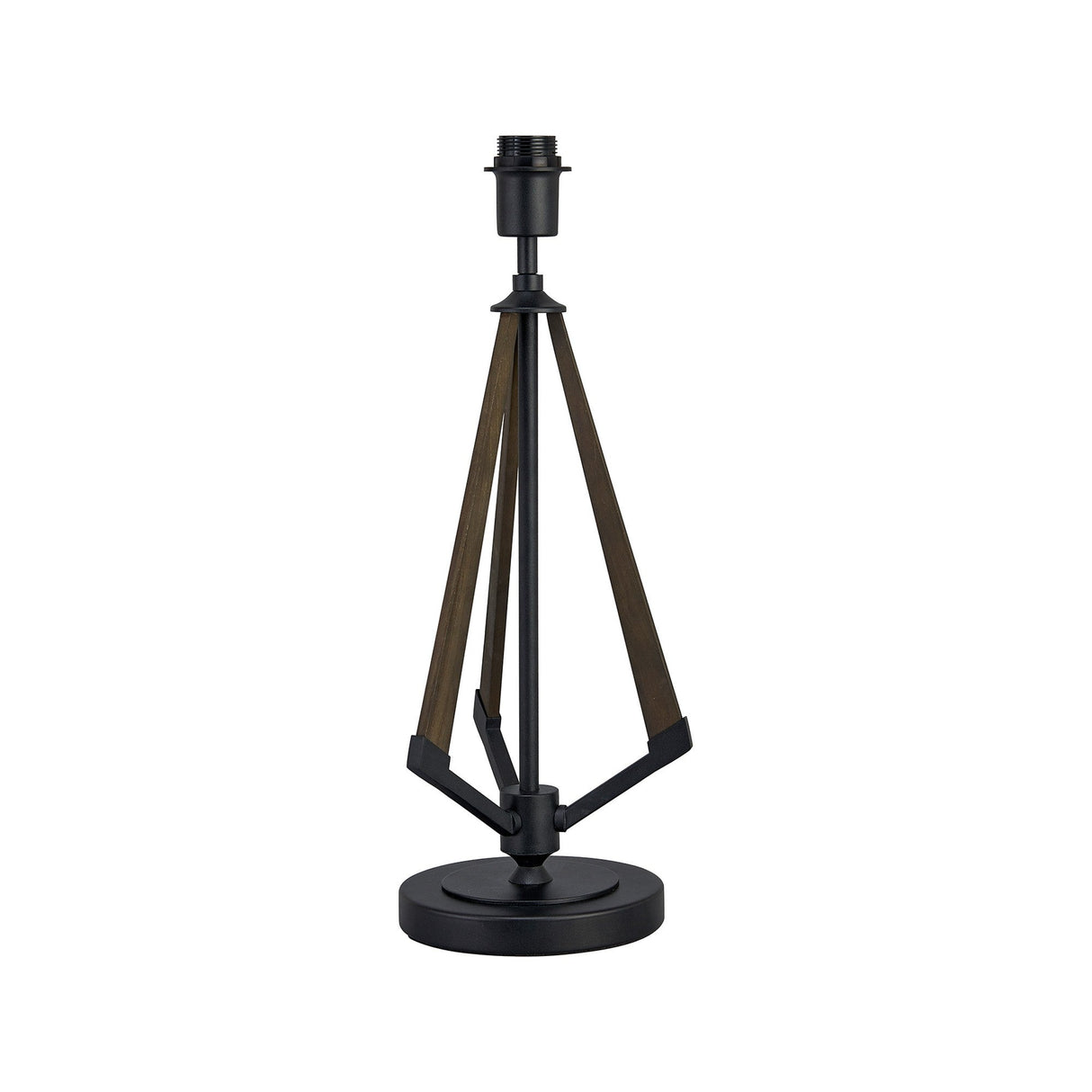 The Hilton 1 Light Wood Table Lamp - Black features a modern round satin black wooden frame, tripod legs with dark metal and wood accents, shown without shade or bulb against a white background—ideal for stylish decor.