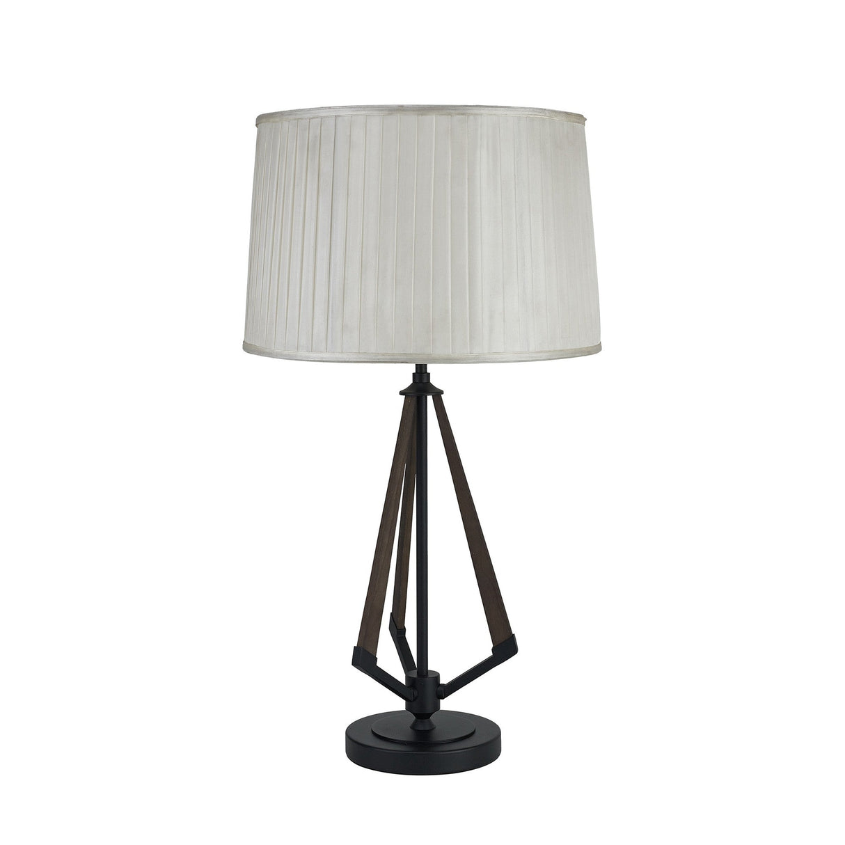 The Hilton 1 Light Wood Table Lamp features a cream pleated shade atop a black tripod-style base, set on a circular black platform for a contemporary look.