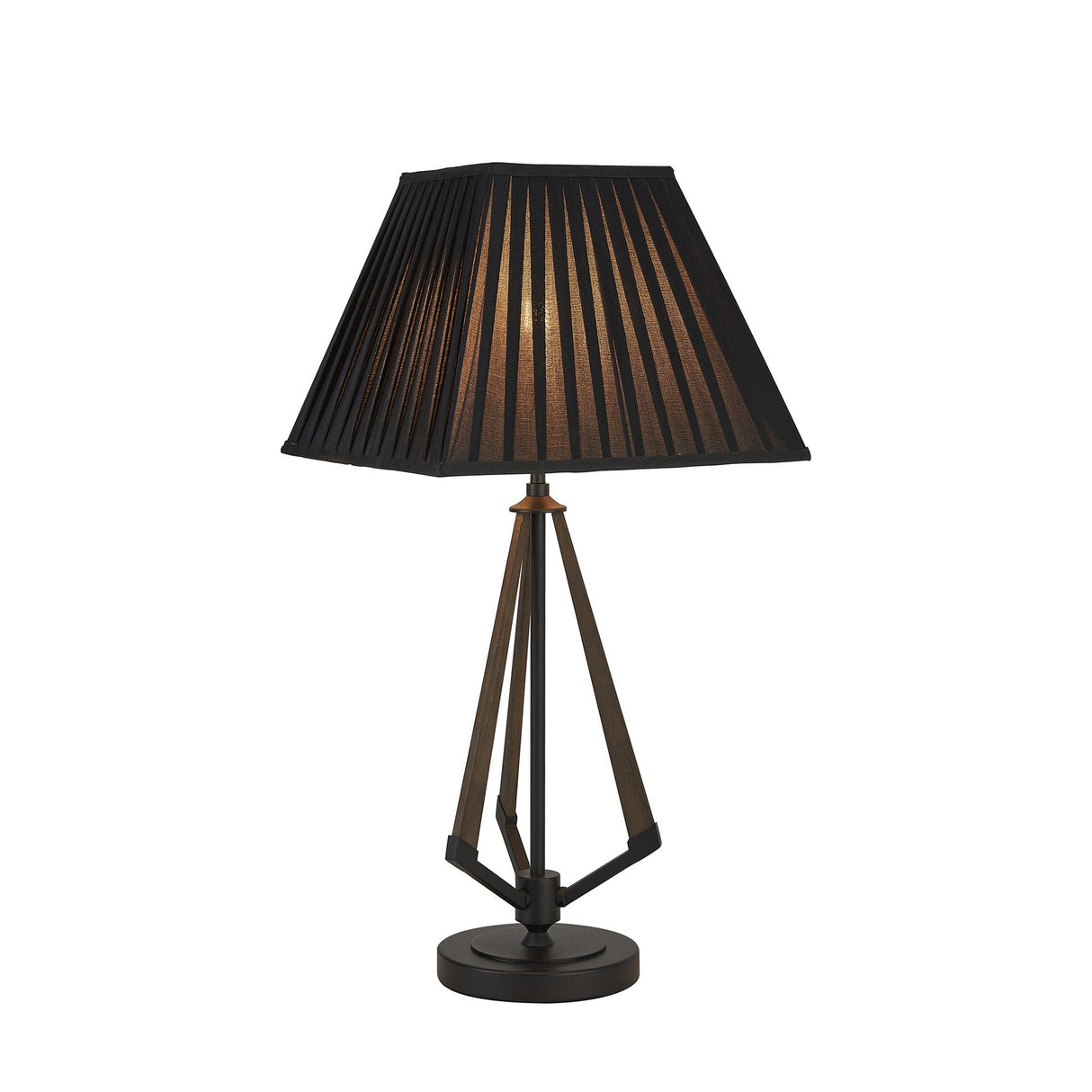 The Hilton 1 Light Large Wood Table Lamp in black features a geometric base and a dark pleated shade. When turned on, it emits a warm glow through its black shade, creating an inviting ambiance in any room.