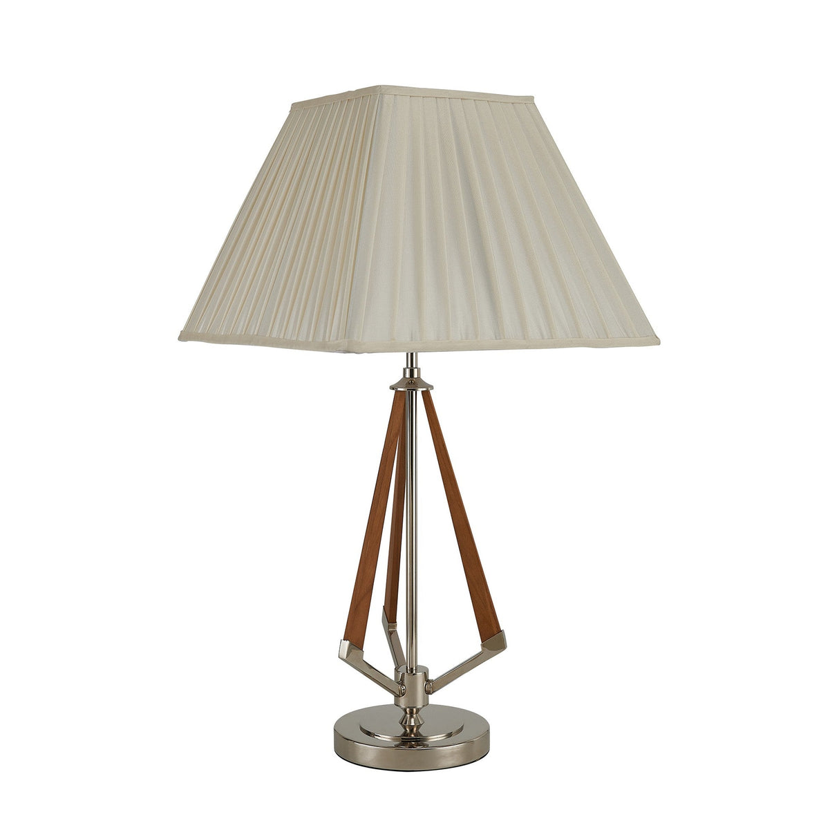 The Hilton 1 Light Wood Table Lamp features a modern triangular wooden frame, a chrome circular base, and an ivory pleated shade for a stylish touch.
