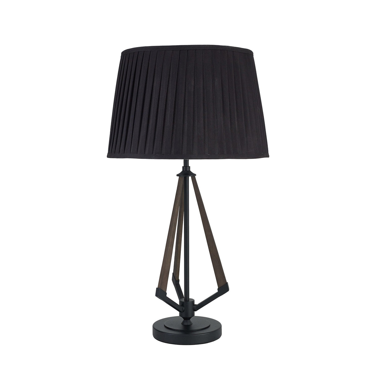 The Hilton 1 Light Small Wood Table Lamp features a black shade and a geometric base, combining modern style with a sleek black finish.