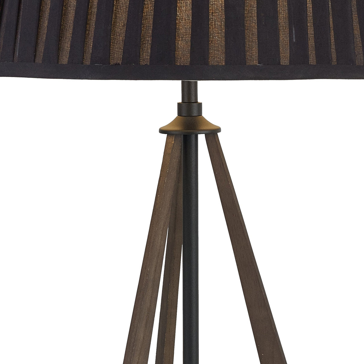 Close-up of the Hilton 1 Light Small Wood Table Lamp in black, featuring a pleated black fabric shade and wooden tripod legs, set against a white background.
