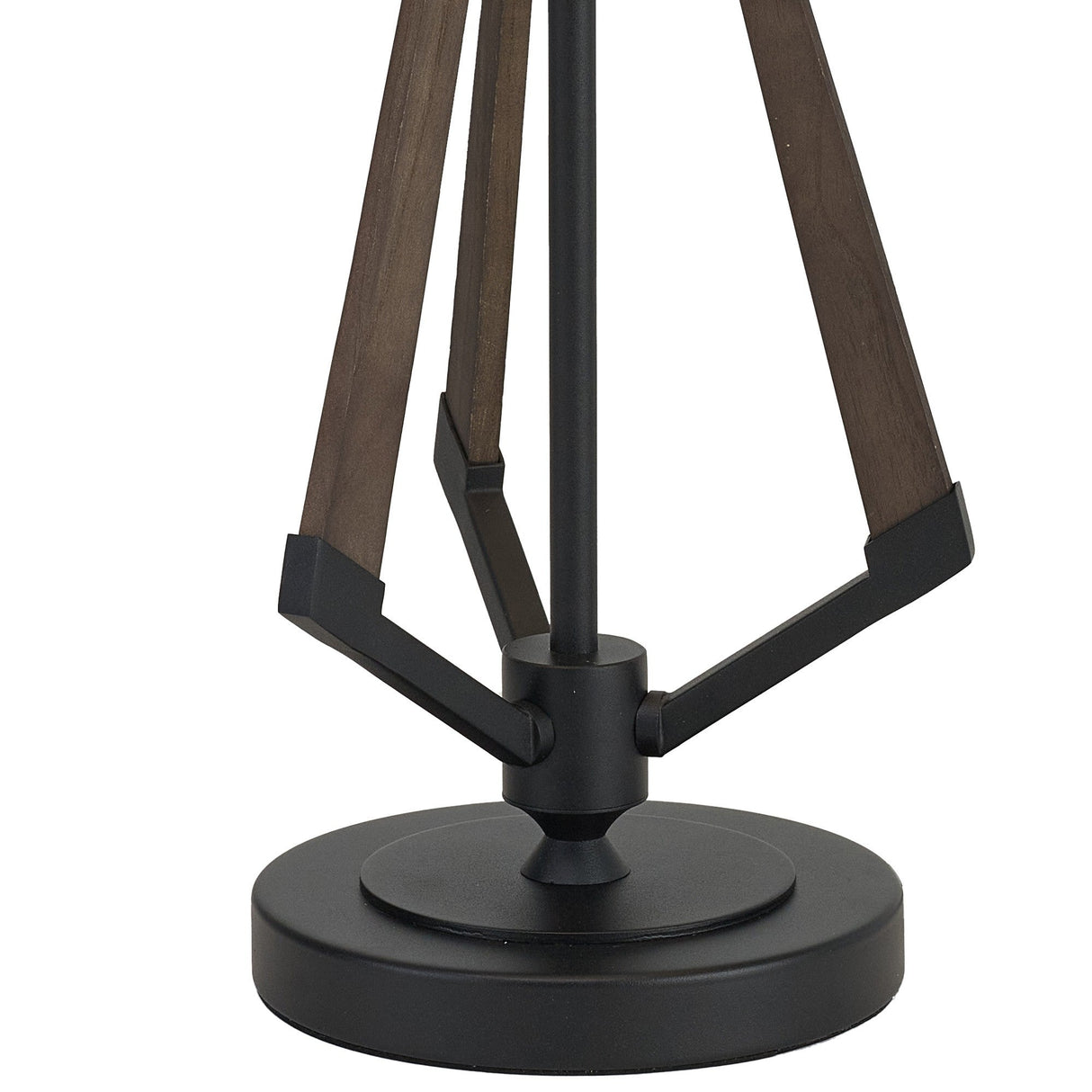 Close-up of the Hilton 1 Light Small Wood Table Lamp – Black with Black Shade, featuring dark wood legs connected by black metal brackets on a round black base. The modern geometric design pairs perfectly with its sleek black fabric shade.