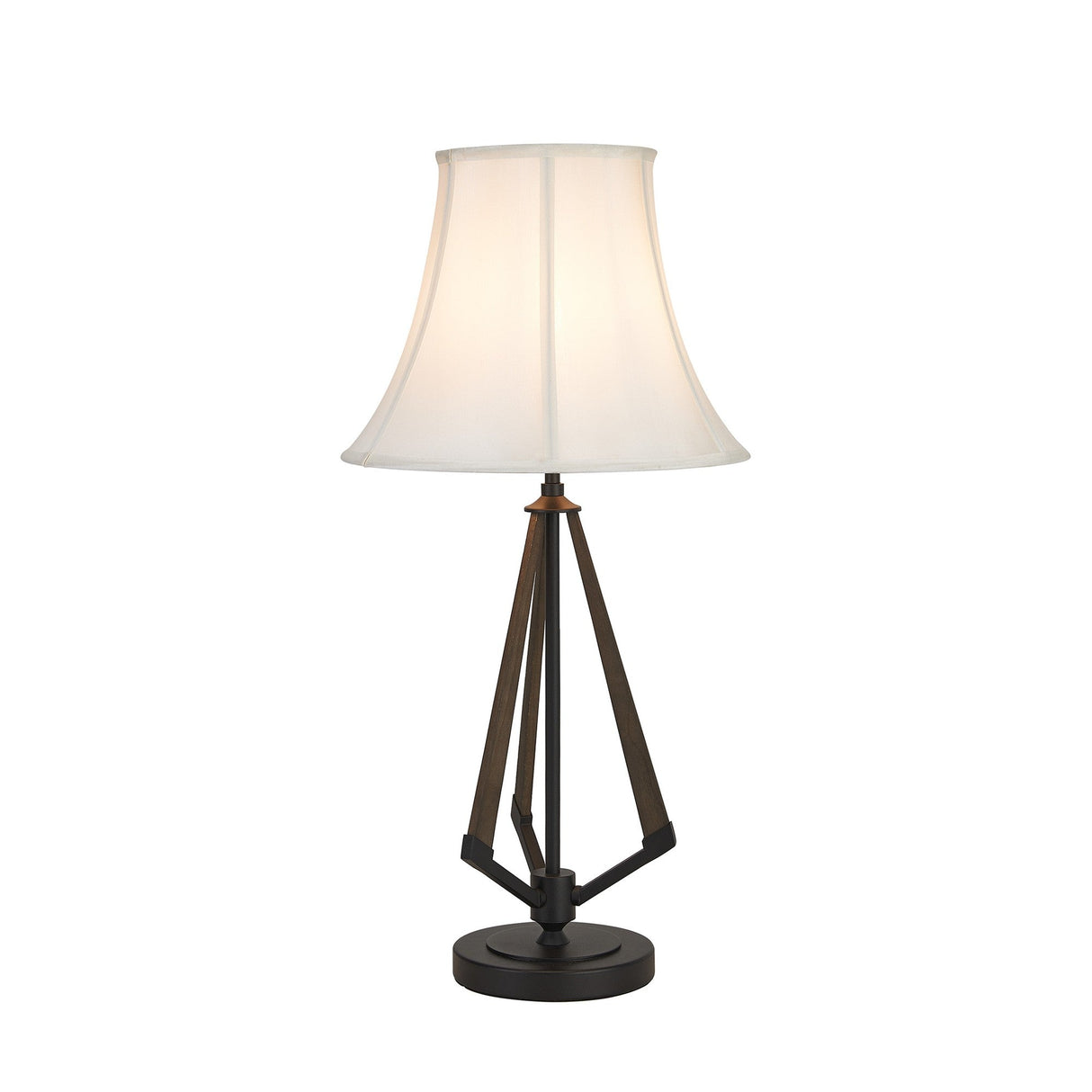 The Hilton 1 Light Wood Table Lamp features a black geometric base and a cream flared shade on a round platform, creating soft, modern illumination with contemporary style.