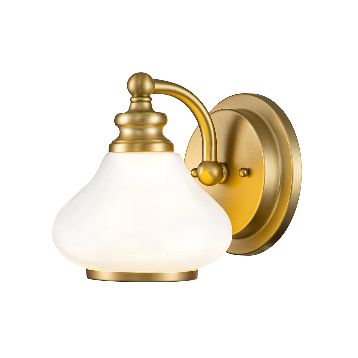 The Ainsley 1 Light Wall Light - Brushed Brass features an opal glass shade set on a round brushed brass base. Its elegantly curved arm supports the dome-shaped glass, providing a soft white glow with an energy-efficient LED lamp.
