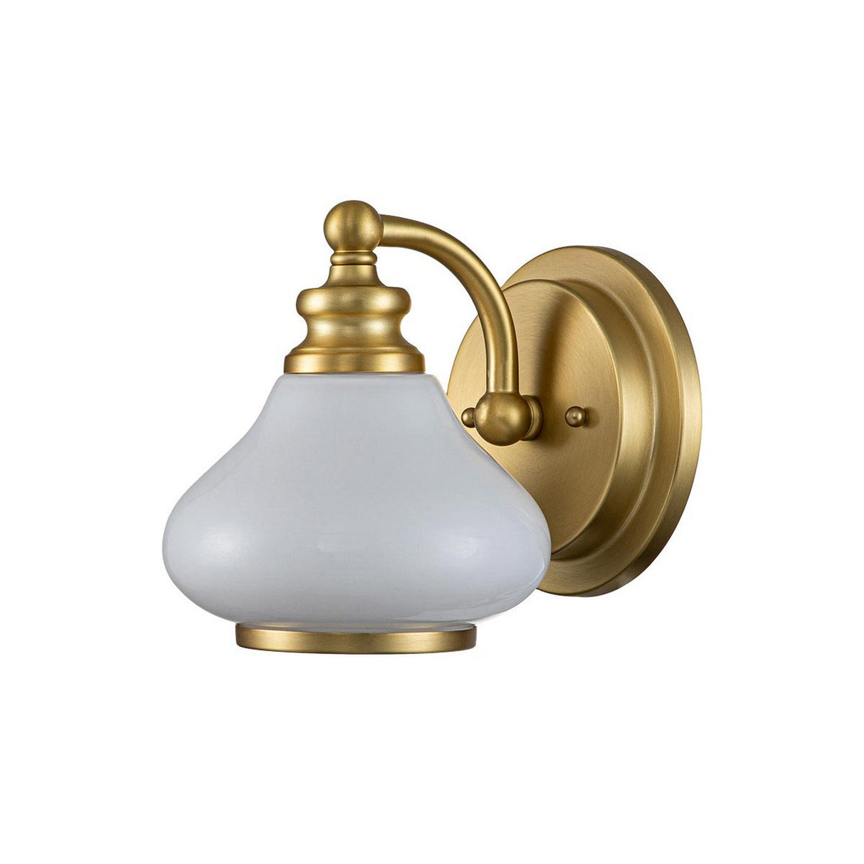 The Ainsley 1 Light Wall Light in brushed brass features an opal glass shade attached to a round base plate with a curved arm, incorporating an energy-efficient LED lamp for optimal lighting.