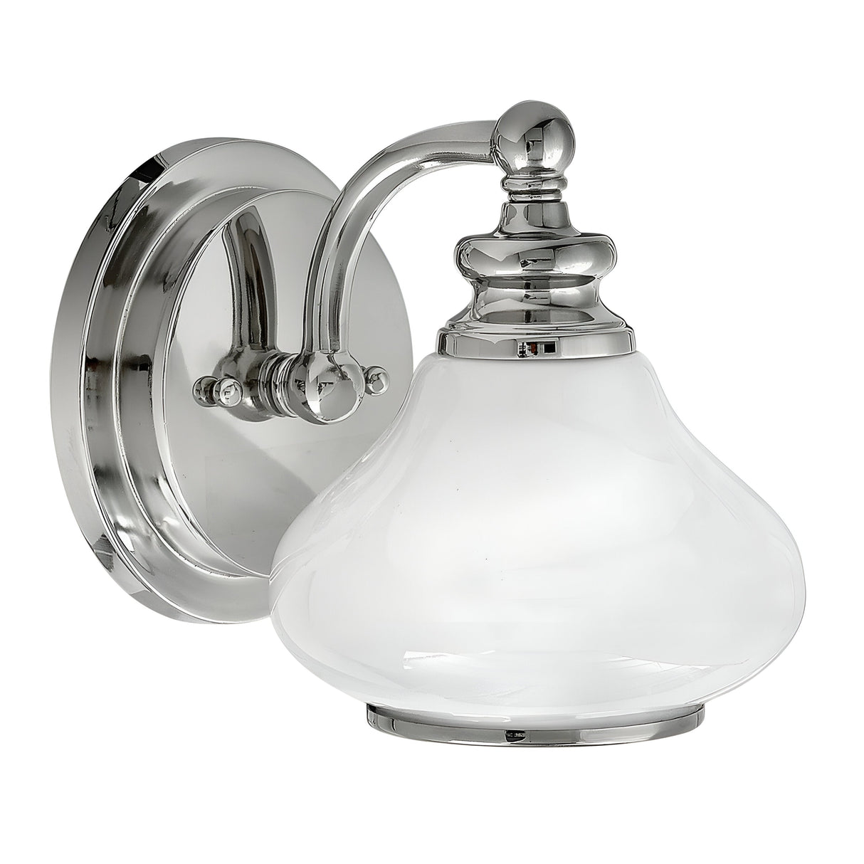 The Ainsley 1 Light Wall Light in polished chrome is a wall-mounted fixture featuring a curved arm and an elegantly shaped opal glass shade. This design seamlessly blends traditional and modern elements, providing a stylish lighting solution for interior spaces.