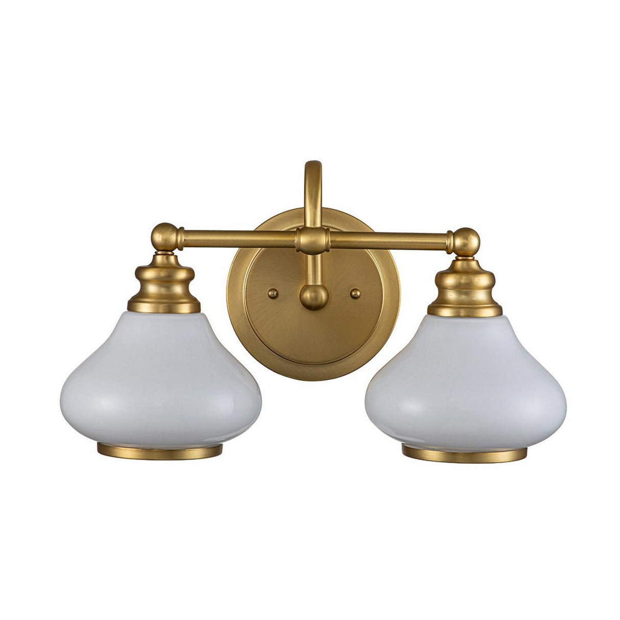 The Ainsley 2 Light Wall Light in brushed brass is a vintage-style gold sconce, featuring two opal glass shades. It is mounted on a circular backplate with an elegant, classic design that pairs beautifully with LED lamps.