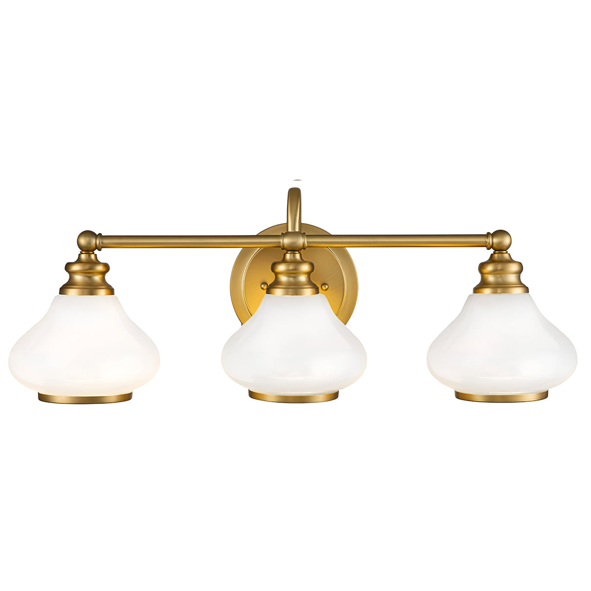 The Ainsley 3 Light Wall Light in brushed brass is a stylish vanity fixture with a central wall mount. It includes three opal glass shades, each in a bell shape, evenly distributed along a horizontal bar for a timeless and sophisticated appearance.
