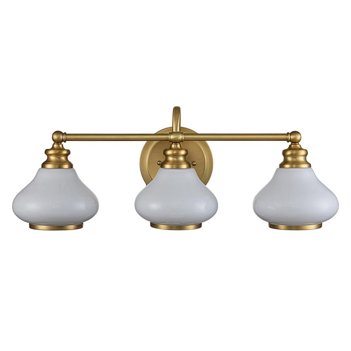Discover the Ainsley 3 Light Wall Light in brushed brass, featuring opal glass shades. This energy-efficient LED fixture boasts evenly spaced lamps attached to a circular wall mount, effortlessly merging classic and contemporary design elements.
