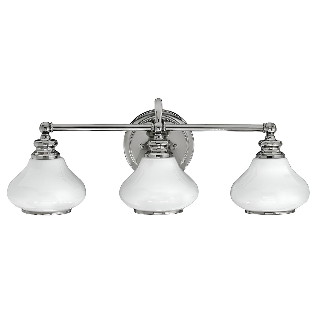 Ainsley 3 Light Wall Light features a traditional design with polished chrome finish and opal glass shades.