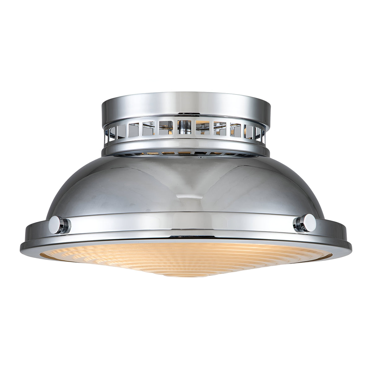 The Amelia 2 Light Flush Light in polished chrome features a dome shape and cast glass diffuser that illuminates your space. This modern indoor light fixture casts a warm glow, enhancing any room with its sleek elegance.