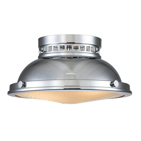 The Amelia 2 Light Flush Light in polished chrome features a dome shape and cast glass diffuser that illuminates your space. This modern indoor light fixture casts a warm glow, enhancing any room with its sleek elegance.