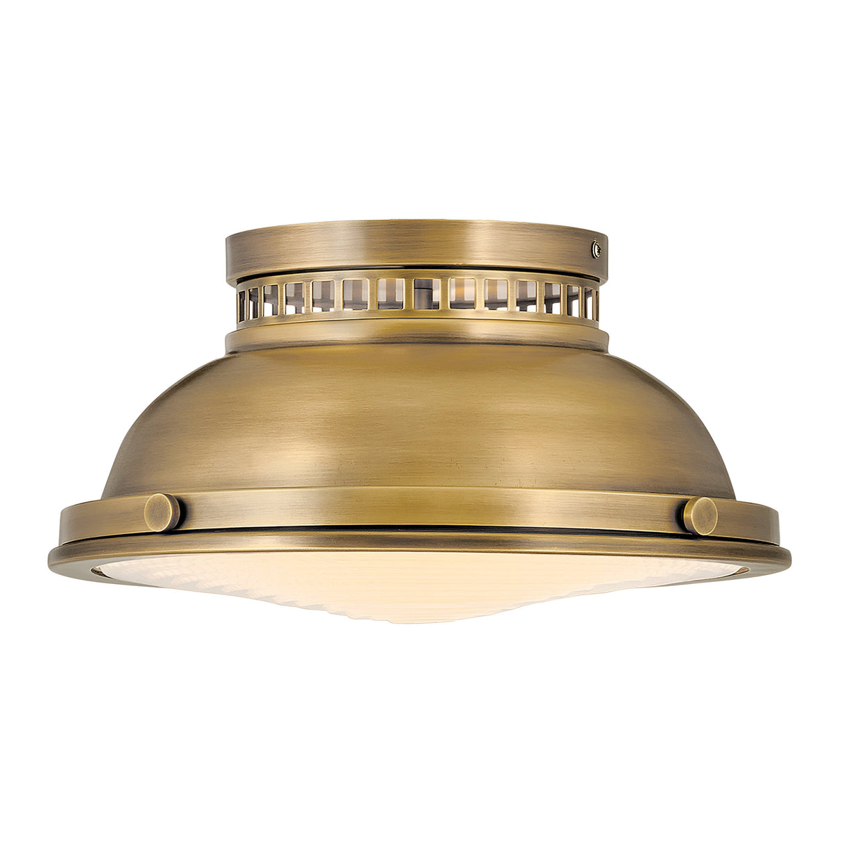 The Amelia 2 Light Flush Light - Brass showcases a vintage-style design, featuring a brass ceiling fixture with a dome-shaped cover and decorative vent-like openings at the top. It embraces vintage aesthetics with its brushed finish and includes an opaque diffuser at the bottom for soft illumination.