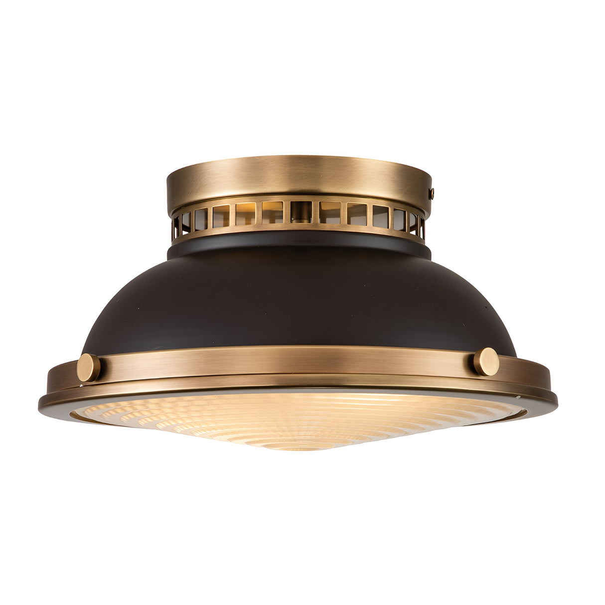 The Amelia 2 Light Flush Light - Bronze showcases a vintage style with a bronze finish and a black dome-shaped shade, highlighted by its cast glass diffuser at the bottom and elegant brass accents.