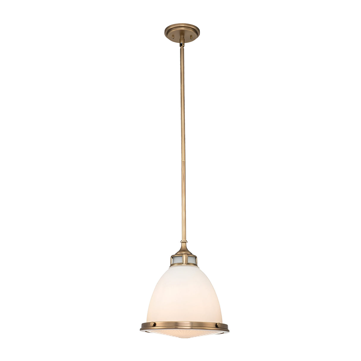 The Amelia 1 Light Medium Pendant - Brass exudes vintage charm with its dome-shaped, frosted glass shade. Hanging from the ceiling, its minimalist design is elegantly showcased through a slender rod connecting the ceiling mount to the fixture, making it a perfect fit for any modern farmhouse decor.