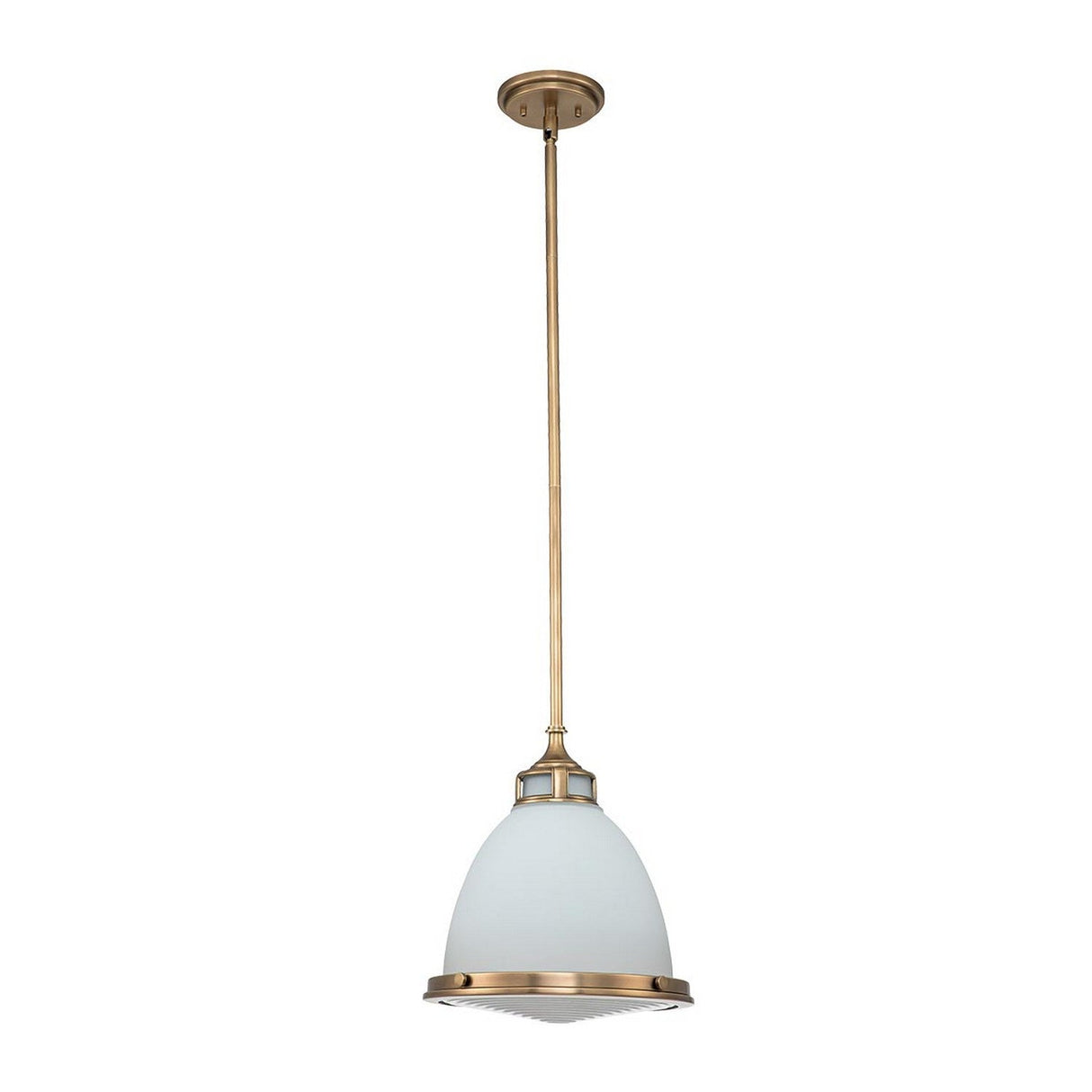 The Amelia 1 Light Medium Pendant in brass features a frosted glass dome-shaped shade hanging from the ceiling by a slim rod, exuding vintage charm with its simple and elegant design that seamlessly blends modern farmhouse and classic styles.