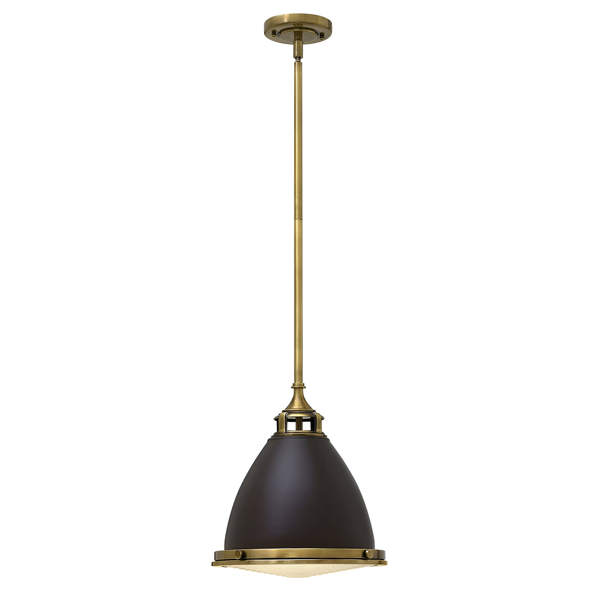The Amelia 1 Light Medium Pendant in bronze showcases a dome-shaped dark metal shade, complemented by an opal glass diffuser at the bottom. Its vintage aesthetic is highlighted by a brass rod suspension and a circular ceiling mount.