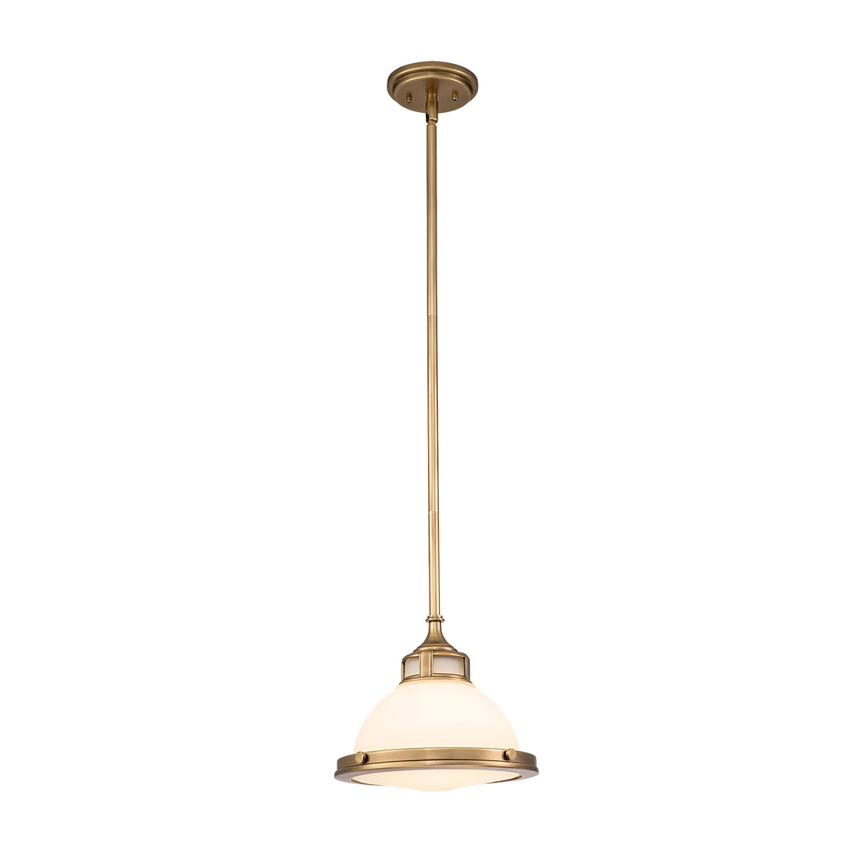 The Amelia 1 Light Mini Pendant - Brass features an opal glass dome shade, delicately suspended from the ceiling by a slender rod. Its design exudes refined simplicity, making it a perfect fit for both classic and contemporary interiors.
