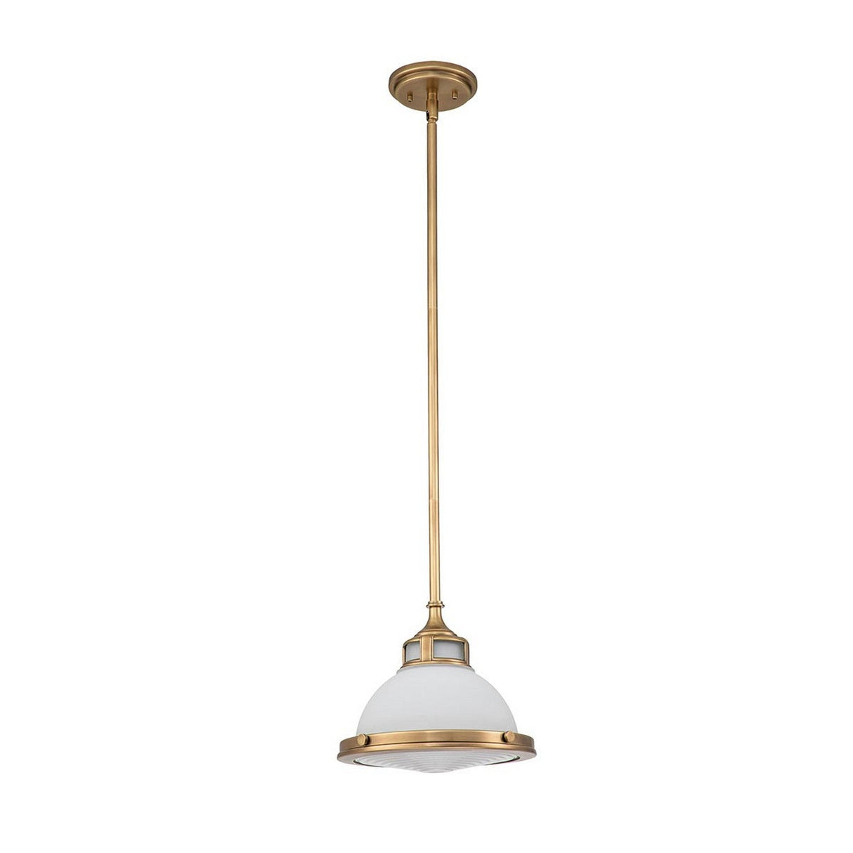 The Amelia 1 Light Mini Pendant - Brass features an opal glass dome shade suspended from a sleek rod. Its vintage-inspired design is enhanced by a cast glass fitter, all gracefully hanging from a round ceiling mount.