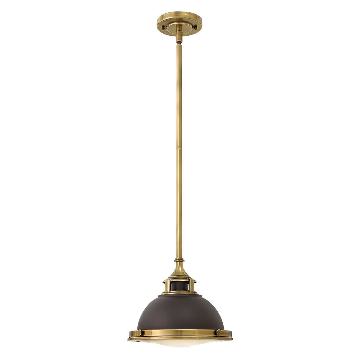 The Amelia 1 Light Mini Pendant - Bronze showcases a bronze finish with a dark dome-shaped shade and an opal glass bottom, gracefully suspended from a matching bronze rod and ceiling mount.