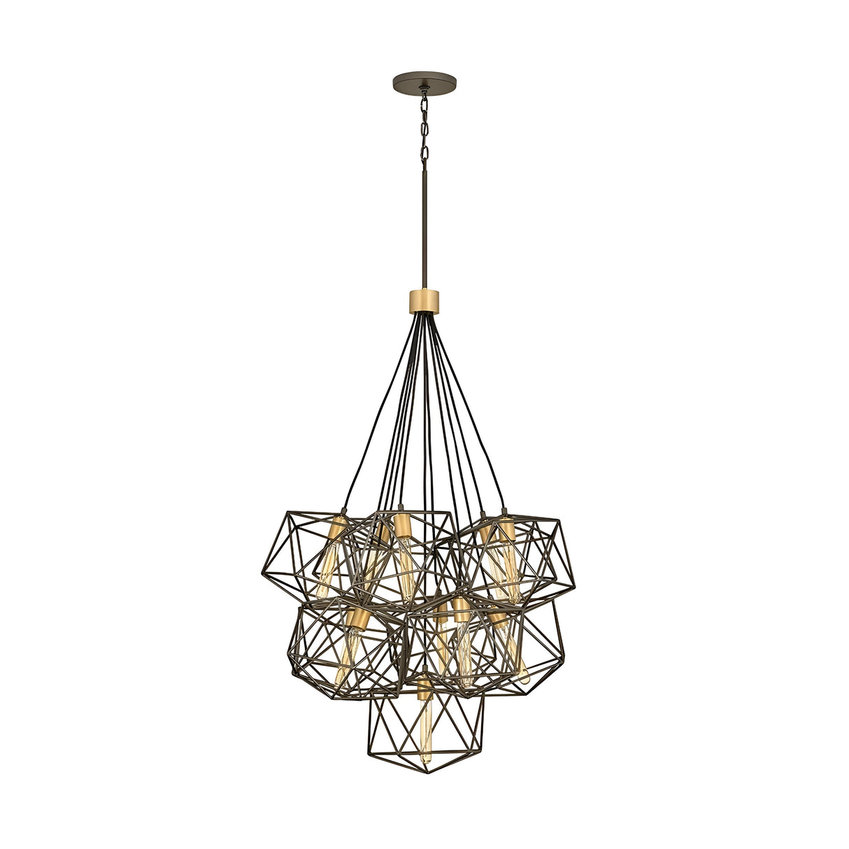 The Astrid 11 Light Cluster Pendant - Matte Bronze & Gold is a contemporary chandelier featuring an array of geometric metal frames, each encasing a glowing light bulb. With its matte bronze and gold finish, this industrial-style fixture is suspended from a single chain, enveloping the room in a warm and inviting ambiance.