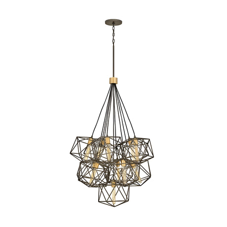 The Astrid 11 Light Cluster Pendant - Matte Bronze & Gold is a contemporary chandelier featuring an array of geometric metal frames, each encasing a glowing light bulb. With its matte bronze and gold finish, this industrial-style fixture is suspended from a single chain, enveloping the room in a warm and inviting ambiance.